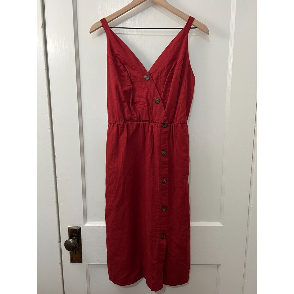 Maurices Women's Linen Midi Dress Button Front Red Spaghetti Straps Size XS